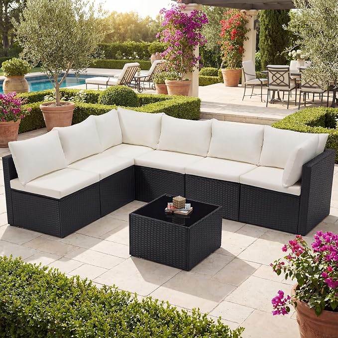DUMOS 7 Piece Outdoor Patio Sectional Sofa, Modular Wicker Furniture Set