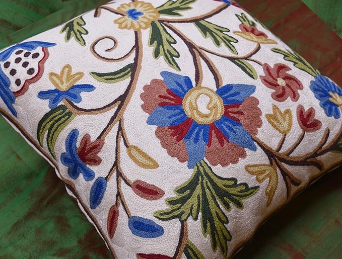 Dahlia Floral Pillow Cover - Cream Flower Pillowcase - Outdoor Cushion - Suzani Farmhouse Chair Throw - Traditional Chair Cushions - Hand Embroidered Wool Size - 18x18