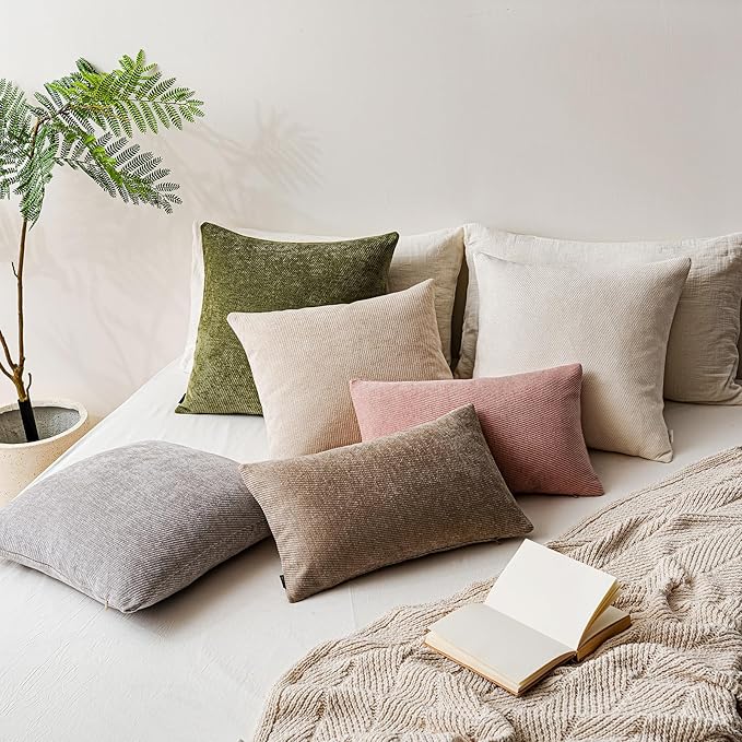 a moment Pack of 2 Decorative Chenille Throw Pillow Covers with Twill Cushion Covers for Sofa Living Room Couch Bed 12x20 Inch Moss Green