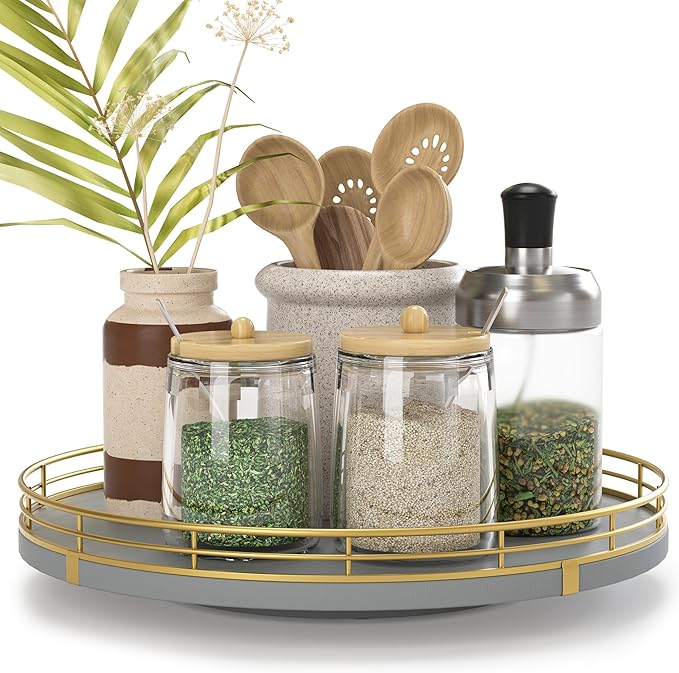 10" Wooden Lazy Susan Turntable for Cabinet – Rotating Spice Rack Organizer, Small Gray Kitchen Countertop Round Tray for Dining Table & Pantry Storage