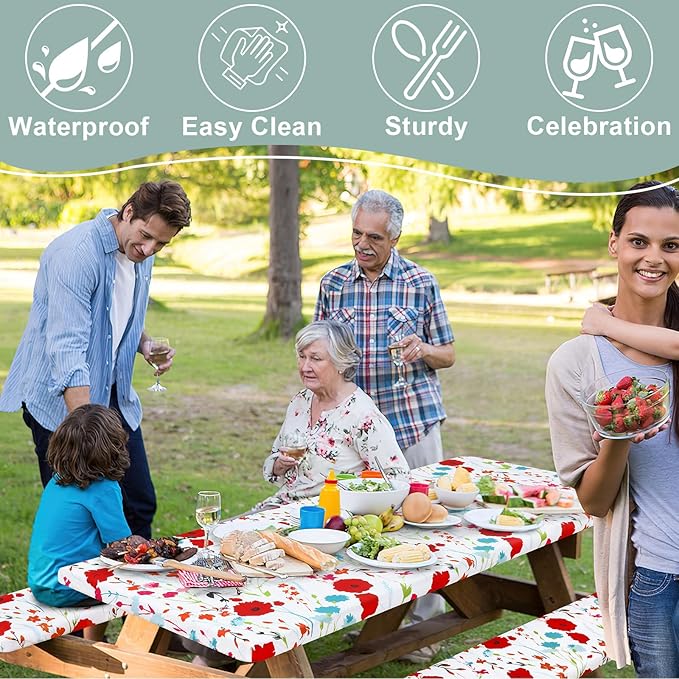 misaya Picnic Table Cover with Bench Cover, Waterproof Elastic Fitted Tablecloth for 6 Foot Tables, Rectangle Washable Polyester Fabric Tablecloths for Picnic, Camping, Outdoor (Flower, 30" x 72")