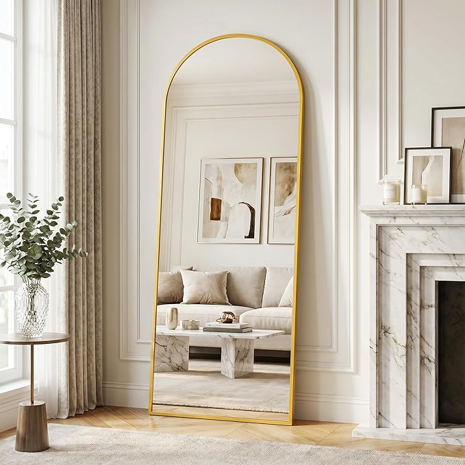 Full Length Mirror, 57"x19" Arched Floor Mirror Freestanding, Floor Standing Full Body Mirror with Stand for Bedroom, Hanging Mounted for Living Room Cloakroom, Gold