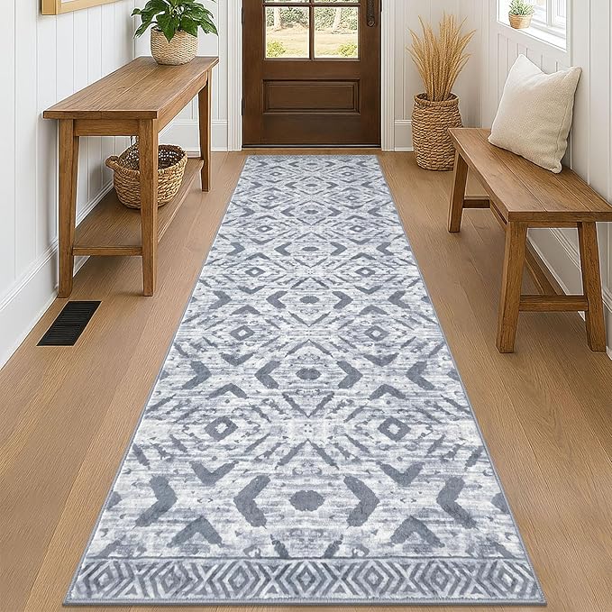 KILOCOCO Hallway Runner Rug 2.6'x8' Washable Printed Moroccan Runner Rugs Non Slip Entryway Rugs Soft Indoor Long Floor Rug for Bedroom Kitchen Living Room Geometric Boho Carpet Runners, Grey White