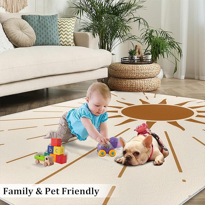 Boho Sun Area Rugs 3x5ft, Radiant Sunburst Boys Rugs for Bedroom, Geometric Solar Kids Room Rug Soft Fuzzy Washable for Living Room Game Room Coffee Table