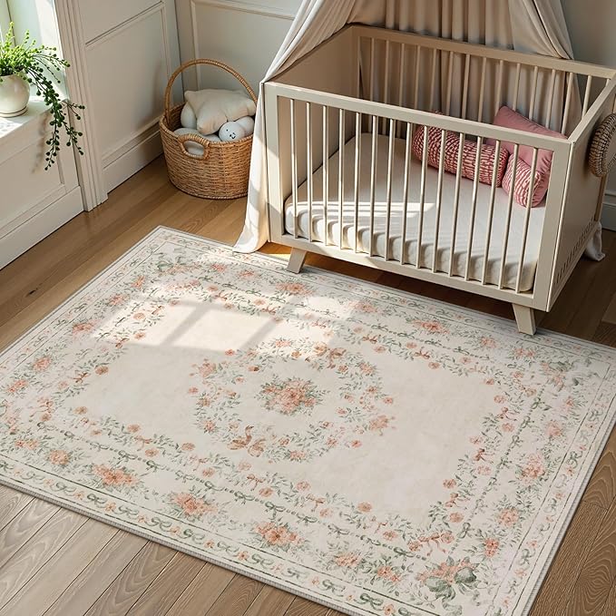 Wonnitar Floral Bow Washable Area Rug 5x7, Ultra-Thin Beige Rugs for Bedroom, Boho Non Shedding Neutral Soft Carpet for Nursey Kids Room Dorm Living Room, Beige