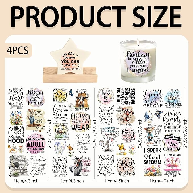 4 Sheets Rub on Transfers for Crafts, Animal Satirical Quotes Furniture