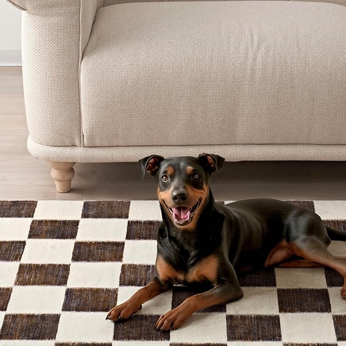 EVERGRACE Checkered Plaid Area Rug 5x7, Soft Fuzzy Faux Wool Rugs Washable Anti Slip Rugs Large Rug for Entryway Bedroom Living Room Hallway Kitchen Dining Room and Laundry Room, Dark Brown and White