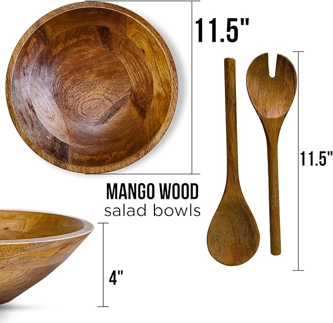 Large Wooden Salad Bowl 11.5 Inches with Serving Utensils, Wooden Fruit Bowl, Mango Wood Bowl Set for Serving, Large Wood Salad Bowl for Family Meals, Pasta, Popcorn, Handcrafted Wooden Serving Bowl