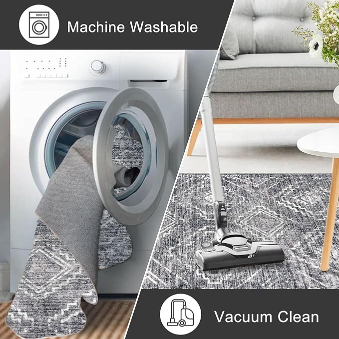 KILOCOCO Hallway Runner Rug 2'x10' Runners for Hallways Washable Runner Rug Non Slip Rubber Backed Low-Pile Runners for Bedroom Kitchen Living Room Laundry Room Boho Rugs, Grey