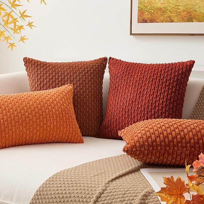 Kevin Textile Fall 14x24 Inch Pillow Cover 1 Pack Boho Decorative Soft Striped Corduroy Lumbar Farmhouse Solid Color Accent Rectangle Cushion Case for Living Room Couch Sofa Bed, Rust