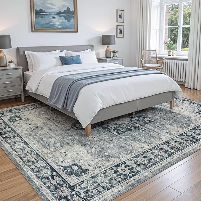 DEXI 4x6 Area Rug for Living Room, Washable Vintage Farmhouse Thin Rug Indoor Floor, Non Slip Stain Resistant Low Pile Carpet for Dining Room Bedroom Office, Blue Grey