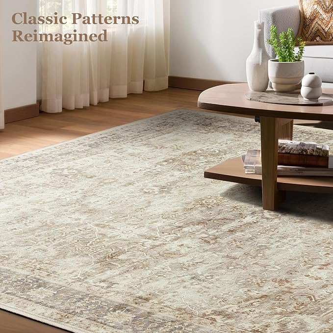 Neutral Beige 5x7 Area Rugs for Living Room Bedroom, Washable Non Slip Low Pile Thin Soft Carpet Rugs for Dining Room/Kitchen/Home Office/Nursery, Vintage Earth Tone Rug with Decorative Fringe