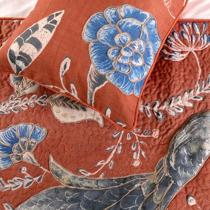 The HomeCentric Orange Bed Runner, King Size 90"x18" Decorative Bed Runner with Matching Pillow Cover, Rust or Orange Linen Bed Scarf in Quilted Peacock, Linen & Jute Embroidery - Peacock Soiree