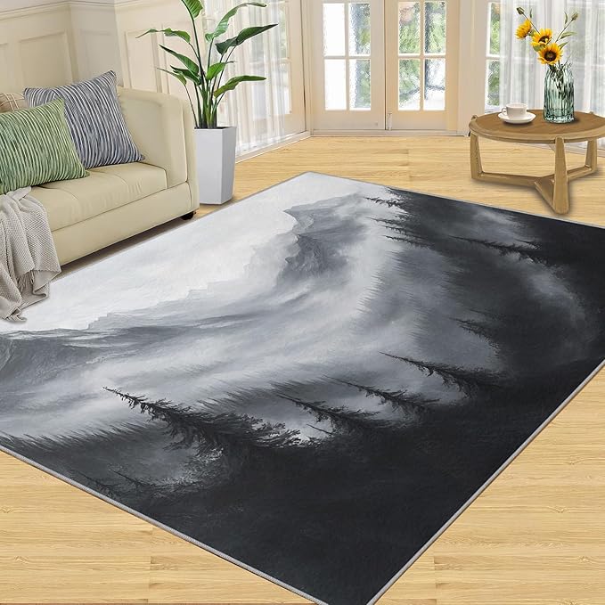 Misty Forest Rugs for Bedroom - 3x4 Area Rug - Modern Black White Art Rugs for Living Room, Natural Landscape Rug, Washable Home Decor Carpet