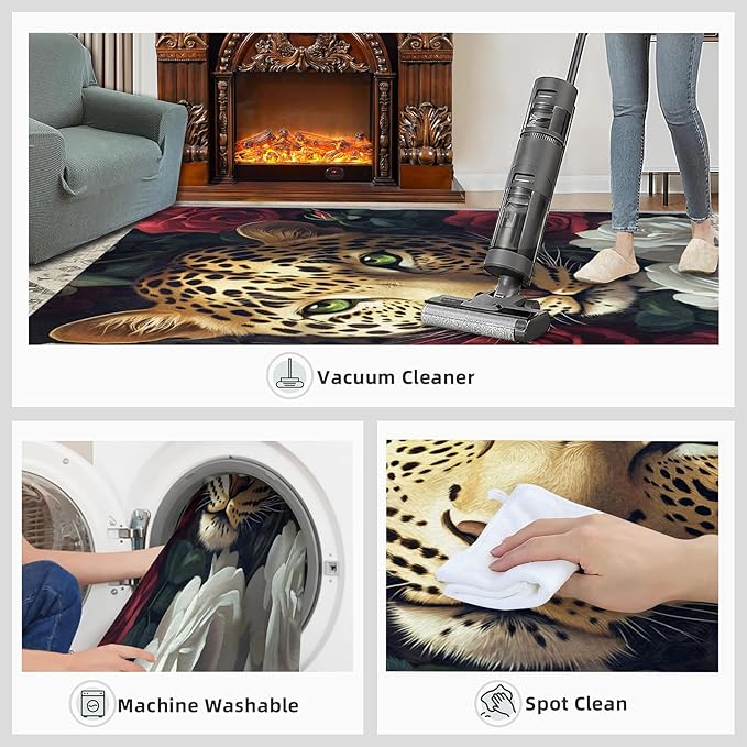 Leopard Rugs for Bedroom - 3x4 Area Rug - Flowers Leopard Rugs for Living Room, 3D Flowers Animal Rug, Washable Home Decor Carpet