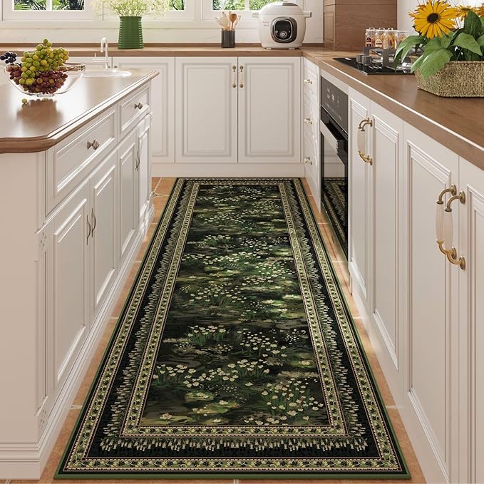 Rugcomf 2x6 Runner Rug Impressionist-Style Vintage Kitchen Rugs Non Slip Washable Soft Carpet Runner for Kitchen Laundry Bedroom Bathroom, Green