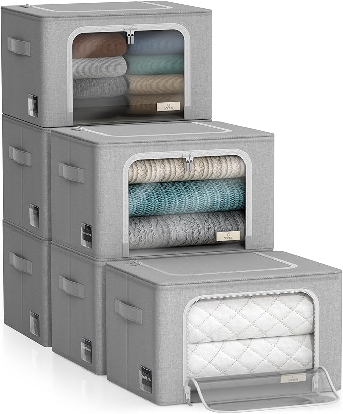 Sorbus Storage Bins with Metal Frame - Stackable & Foldable Clothes Organizer Bags - Oxford Fabric Storage Containers with Large Clear Window & Carry Handles Organization for Bedding Linen & Clothing