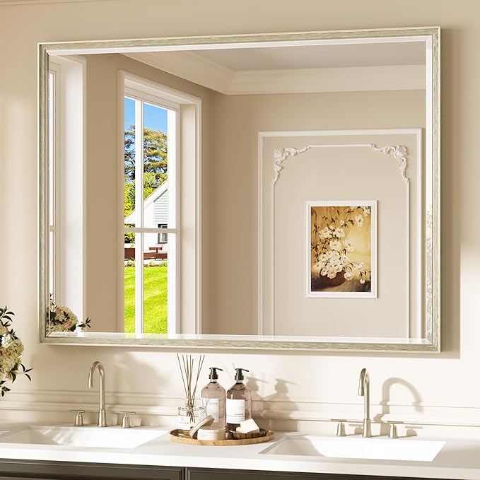 Keonjinn 48" x 36" Brushed Nickel Bathroom Vanity Mirror, Decorative Aluminum Alloy Frame, Beveled Edge Tempered Glass, Shatterproof, Large Silver Mirror for Over Sink, Living Room, Dining Room