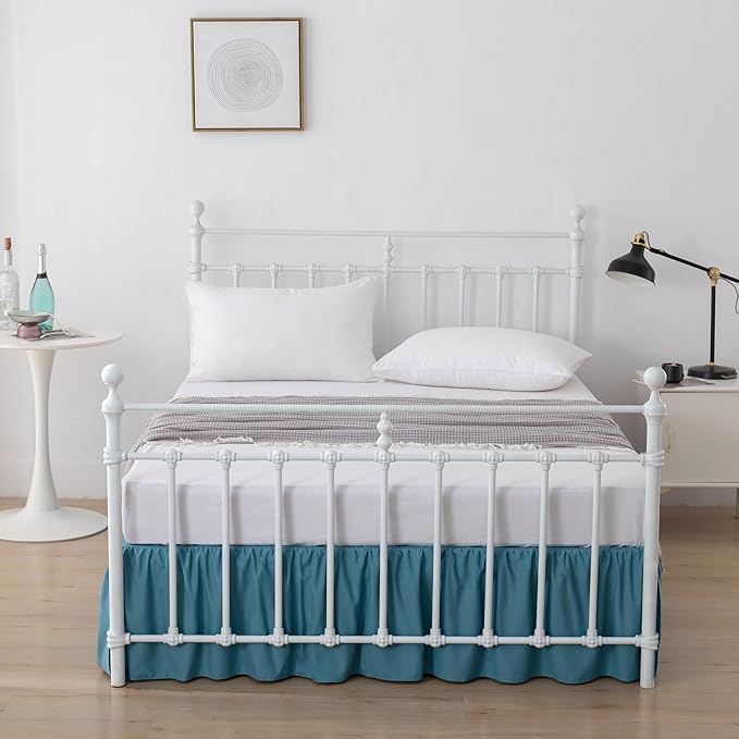 Bed Skirt King Size Ruffled Bed Skirts with Split Corners, 14 Inch Drop Dust Ruffle Bed Skirts with Platform, Teal Blue, 14'' King