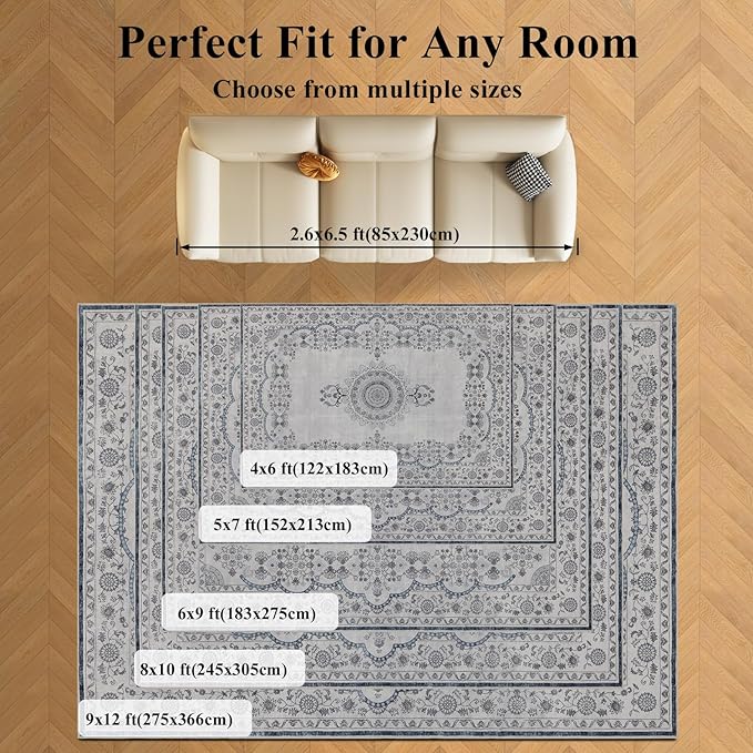 Washable 6x9 Area Rug for Living Room, Carpet for Bedroom Dining Room, Non Slip&Non-Shedding Resistant Low Pile Vintage Print Rug for Home Office (Grey/Blue)