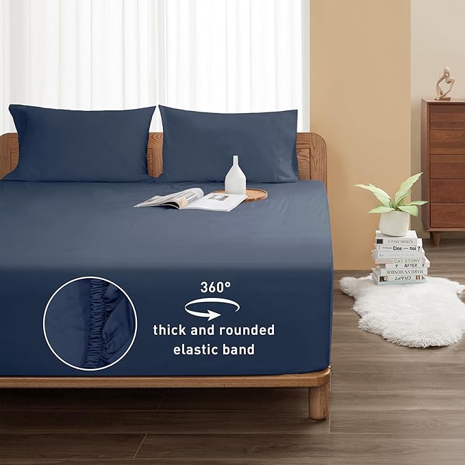 Sunflower Full Fitted Sheet, 1-Piece Deep Pocket Fitted Bottom Sheet 16", 100% Cotton Sateen Soft Breathable, Blue Indigo