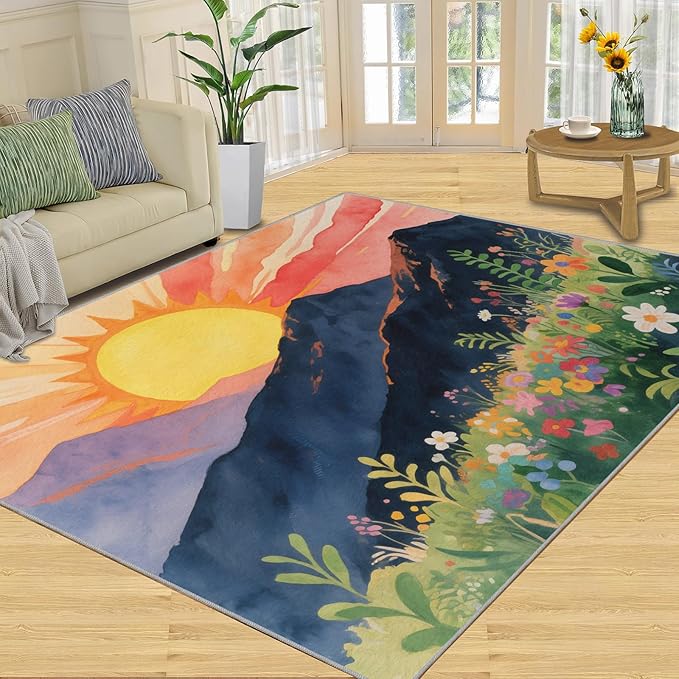 Boho Sun Area Rugs 3x5ft, Minimalist Line Boys Rugs for Bedroom, Geometric Solar Kids Room Rug Soft Fuzzy Washable for Living Room Game Room Coffee Table