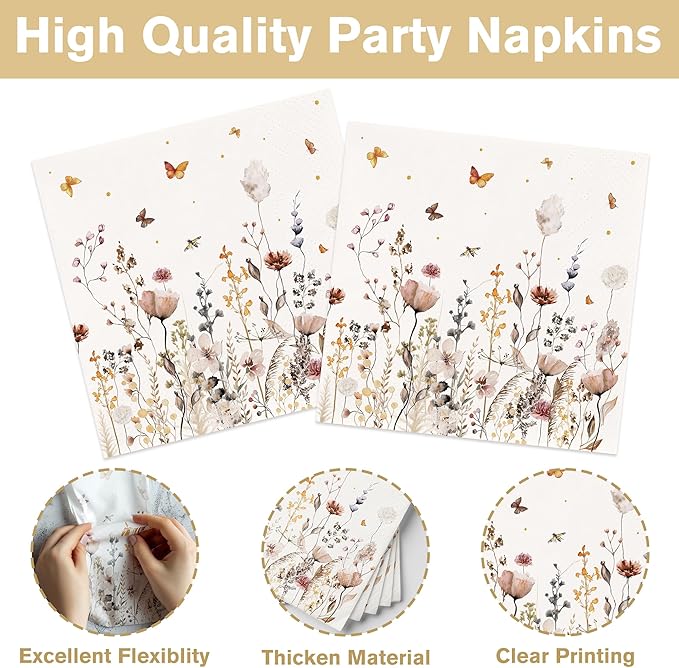 152Pcs Spring Wildflower Party Decorations include Plates, Cups, Napkins, Banner, Tablecloth for Floral Baby Shower Birthday Wedding Decorations, Serves 24