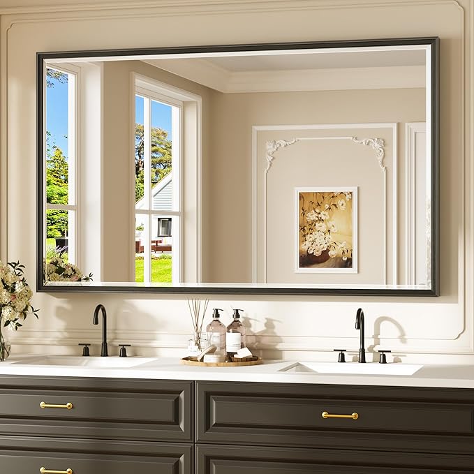 Keonjinn 60" x 36" Oversize Black Bathroom Vanity Mirror, Safe Beveled Tempered Glass, Decorative Aluminum Alloy Frame, Rustproof, Black Bathroom Mirrors for Over Sink, Modern Rectangle Wall Mirror