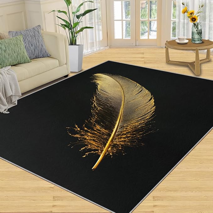 Golden Feathers Rugs for Bedroom - 6x8 Area Rug - Black Gold Feathers Rugs for Living Room, Modern Minimalist Art Rug, Washable Home Decor Carpet