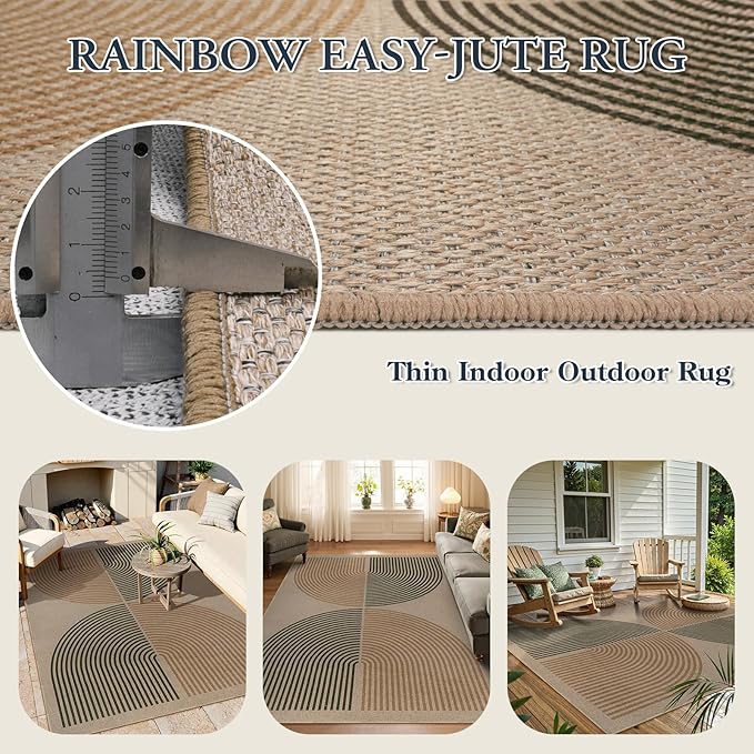 Lahome Modern Rainbow Easy Jute Rug, Washable 5x7 Area Rugs for Living Room Black Farmhouse Dining Room Rug, Contemporary Natural Throw Mat Non Slip Floor Carpet for Office RV Patio