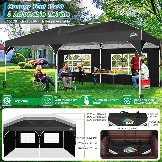 COBIZI 10x20 Pop up Canopy Tent with 4 Sidewalls Outdoor Canopy Tent for Party with Push Center Lock & Air Vent, 2000mm+Waterproof Gazebo Canopy UPF 50+with 4 Sandbags,12 Stakes & 6 Ropes,Black