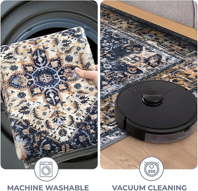 KOZYFLY Runners for Hallways 3x16 Ft Extra Long Washable Kitchen Thin Runner Rug Boho Runner Rug for Entryway Indoor Printed Faux Wool Stair Floor Carpet for Stair Kitchen Hall, Gold/Navy