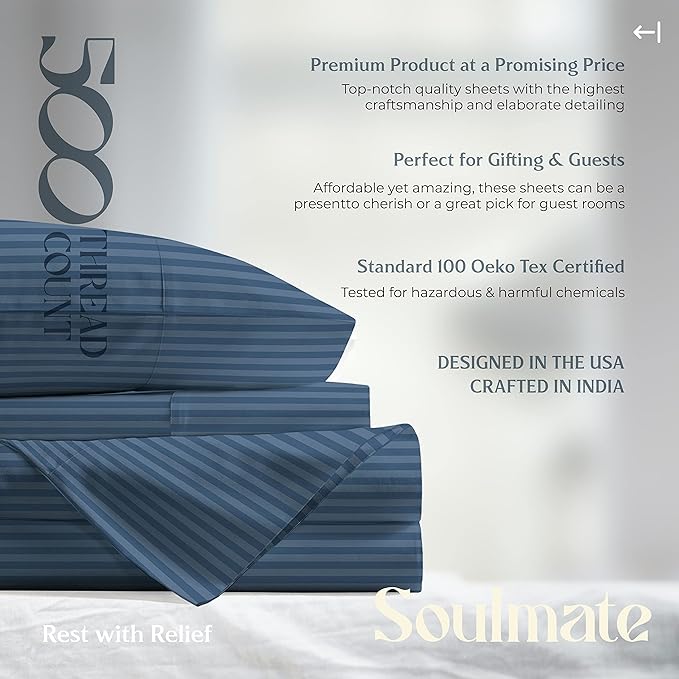 Mayfair Linen 100% Cotton Striped Sheets Split King Size Bed Set - 500 Thread Count Damask Split King Sheets for Adjustable Bed, 5 PC Set (Light Blue Stripe), Cooling, Sateen 16" Deep Pocket Bedsheet