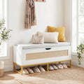 Giantex Rattan Shoe Bench, Flip-Top Entryway Bench with Removable Padded Seat & Hidden Storage, Wooden Shoe Storage Chest with Metal Legs for Bedroom, Hallway, 440 lbs Max Load (White & Gold)