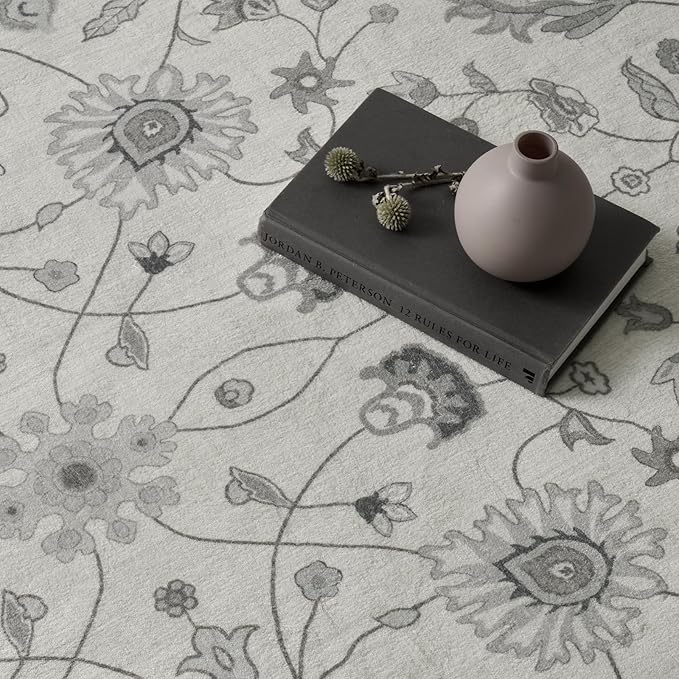 EVERGRACE Hallyway Area Runner Rugs 2x10, Boho Floral Faux Wool Indoor Outdoor Rugs, Washable Rugs for Bedroom Dining Room Living Room Kitchen, Low Pile Floor Mat Carpet for Home Decor, Cool Gray