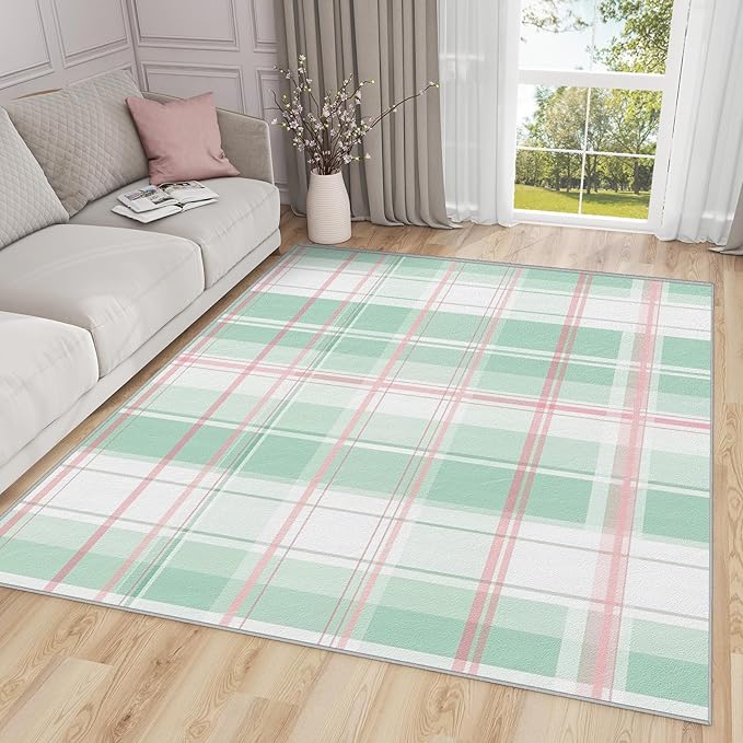 Plaid Large Area Rug - 7x10 Rug - Mint Green Tartan Gingham Rugs for Living Room Non Slip Low Pile Machine Washable Area Rugs, Plaid Carpets Home Decor & Gifts