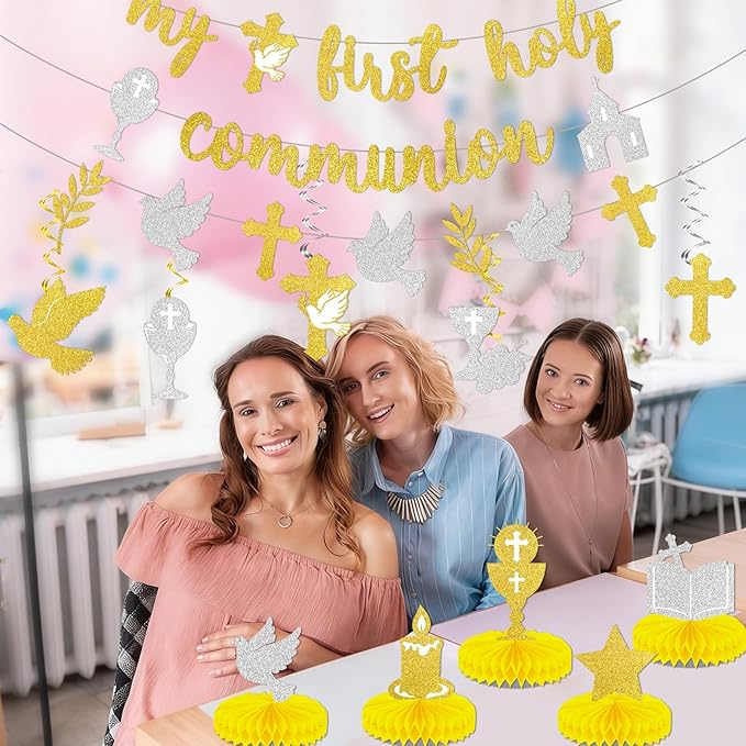 14PCS First Holy Communion Party Decorations My First Holy Communion Banners Hanging Swirls Glitter God Bless Cross Honeycomb Centerpieces For Christening Baptism Baby Shower Birthday Party Supplies