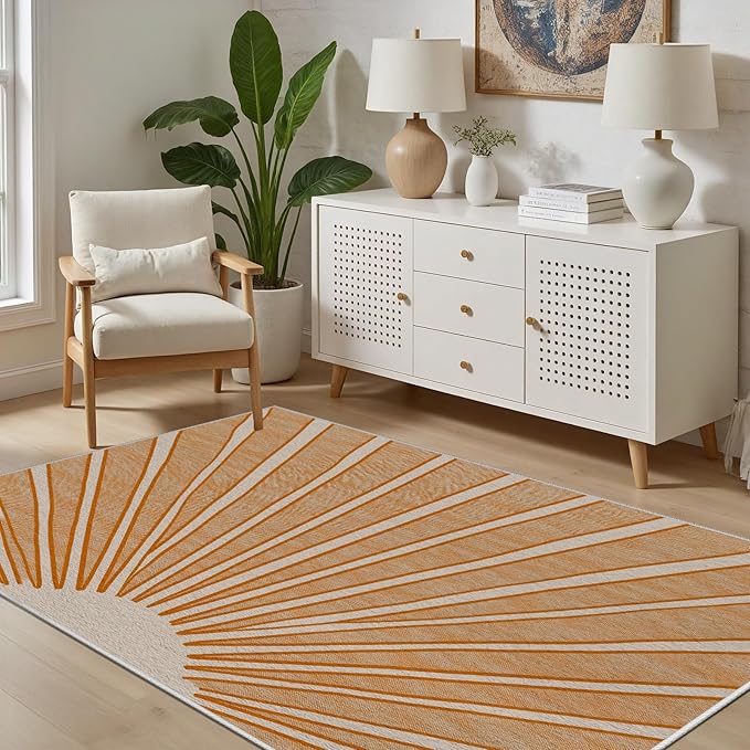 Boho Sun Print Area Rug for Living Room 5x7, Modern Abstract Non-Slip Washable Rugs, Soft Stripe Minimalism Carpet for Bedroom, Nursery, Entryway, Dining Room & Office Decor, Orange White