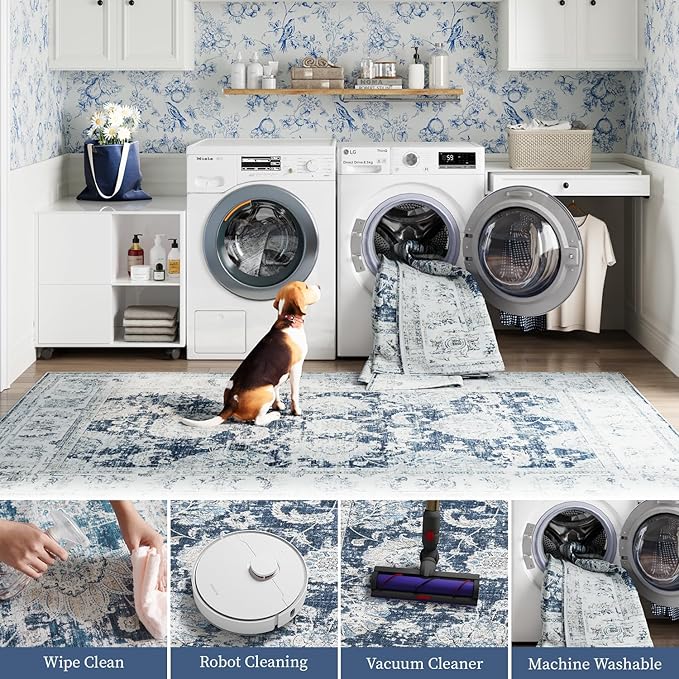 jinchan Fiora Long Hallway Runner Rug 2x12 Machine Washable Runner Rug Dark Blue Vintage Floral Design Non-Slip Ultra-Thin for Kitchen Laundry Room Bedroom Farmhouse (2‘x12', Dark Blue)