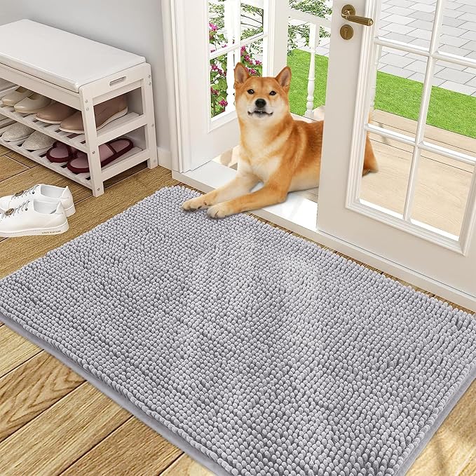 OLANLY Dog Door Mat for Muddy Paws 48x30, Absorbs Moisture and Dirt, Absorbent Non-Slip Washable Doormat, Quick Dry Chenille Mud Mat for Dogs, Entry Indoor Entryway Carpet for Inside Floor, Light Grey