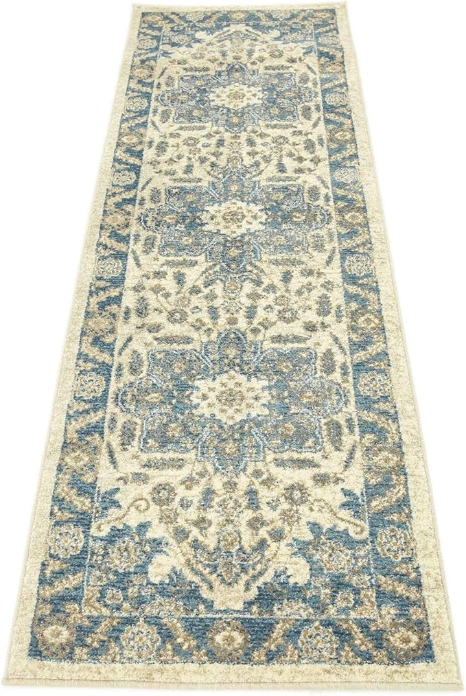 Unique Loom Salzburg Collection Classic Traditional Design Oriental Inspired Border Area Rug (2' 0 x 6' 0 Runner, Beige/Blue)