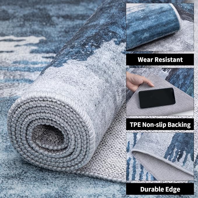 Ciicool Modern Abstract Deep Blue Gray Rug for Living Room, 4'x6' Machine Washable Area Rug Non-Slip Rug, Low-Pile Contemporary Indoor Dining Floor Carpet for Bedroom Office Under Table Home Decor