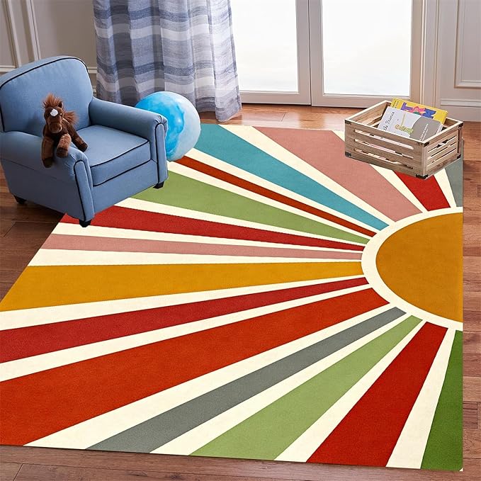 Rainbow Sun Area Rug,3x4ft,Medieval Vintage Geometric Rugs,Boho Style Bedroom Decor Rug Soft Machine Washable Carpet for Indoor Bedroom Living Room Office Decor