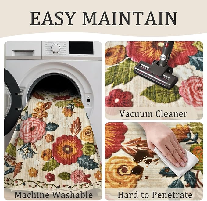 2x6 Machine Washable Runner Rug, Kitchen Hallway Area Rug Beige Vintage Boho Floral Ultra Non-Slip Low Pile Soft Faux Wool Carpet, Kids and Pets Friendly for Bedroom Entryway Nursery Home Decor Rug