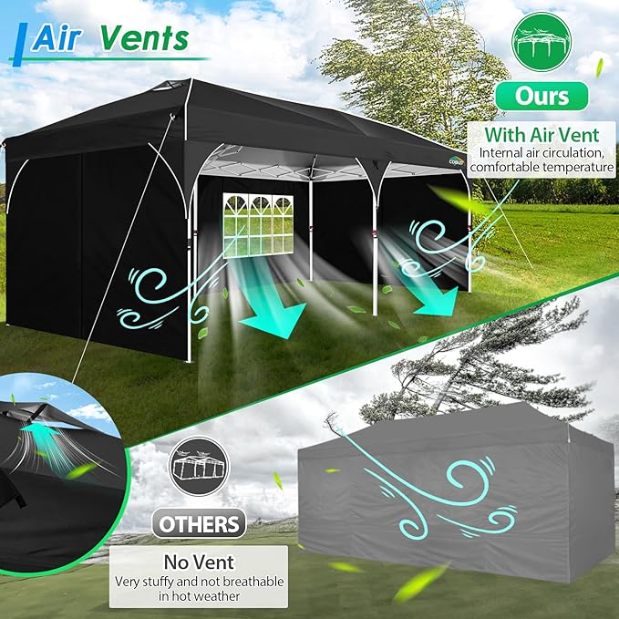 COBIZI 10x20 Pop up Canopy Tent with 4 Sidewalls Outdoor Canopy Tent for Party with Push Center Lock & Air Vent, 2000mm+Waterproof Gazebo Canopy UPF 50+with 4 Sandbags,12 Stakes & 6 Ropes,Black