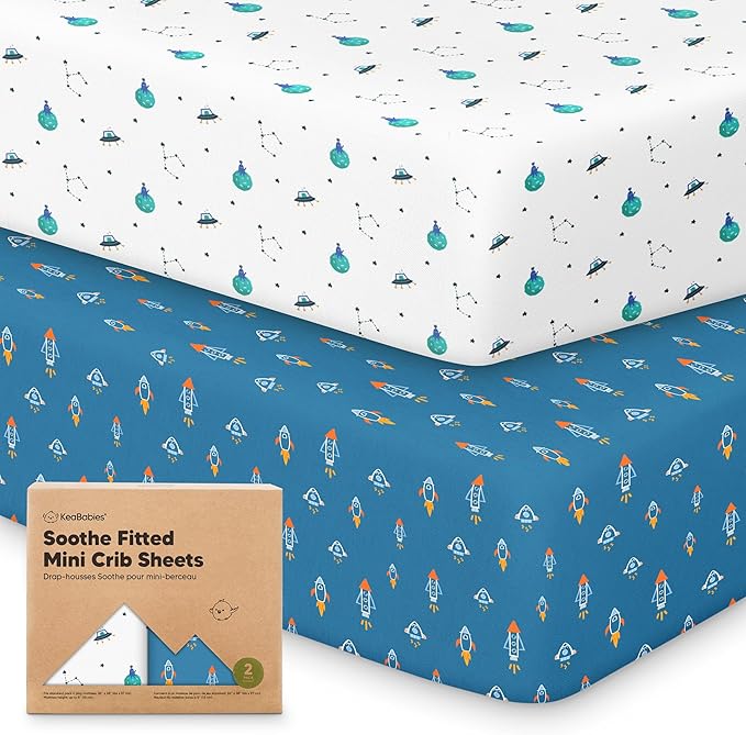 2-Pack Mini Crib Sheets Fitted - 38x26 Pack N Play Sheets for Pack and Play Mattress, Organic Cotton, Soft & Breathable Playard Bedding, Neutral Mini Toddler Bed Cover for Boys, Girls (Space Quest)