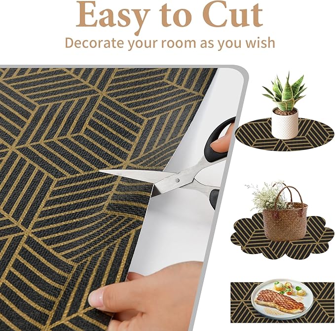Shelf Liners for Kitchen Cabinets 17in x 20FT, Non Adhesive Cabinet Liner Strong Non-Slip Black Gold Geometric Drawer Liner, Easy to Clean for Shelf, Cabinet with Knife and Tape Measure
