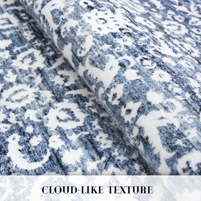 Runner Rug 2.6x16, Light Blue White Washable Long Hallway Rug Runner Non-Slip Soft Kitchen Runner Thin Printed Faux Wool Super Soft Carpet for Entryway Bedroom Laundry Room Indoor Home Decor