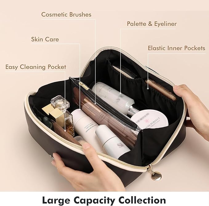 Prite Makeup Bag for Women Travel Waterproof Vegan Leather Cosmetic Bag Open Flat Toiletry Bag With Clear Divider and Handle (Black, Large)