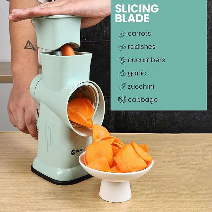 NexoBlaze Rotary Cheese Grater with Hand Crank – 6-in-1 Cheese Shredder, 6 Stainless Steel Blades, Reinforced Suction Base, Grater for Cheese, Vegetables, Nuts